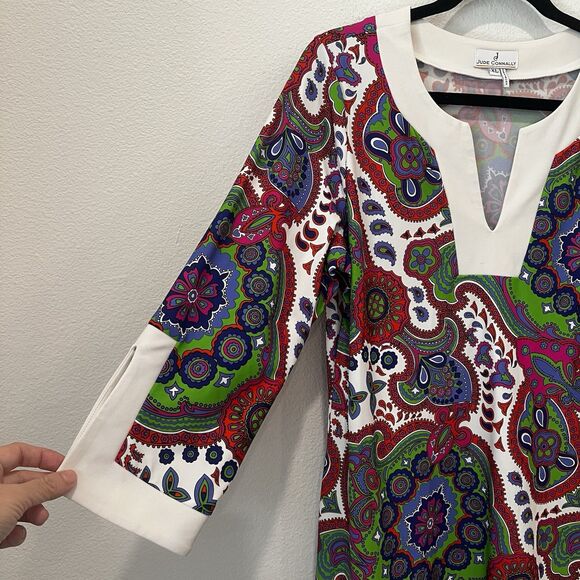 Jude Connally Holly Paisley Bright Colorful Tunic Mini  Shift Dress V-Neck XL - Picture 3 of 9